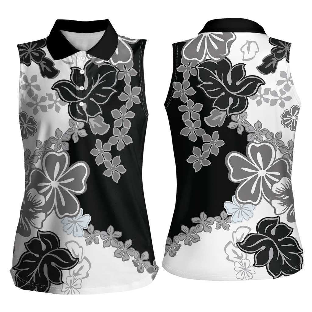 Gray Scale Hibiscus Plumeria Floral Women Sleeveless Polo Shirt LT01 - Polynesian Pride