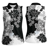 Gray Scale Hibiscus Plumeria Floral Women Sleeveless Polo Shirt LT01 - Polynesian Pride