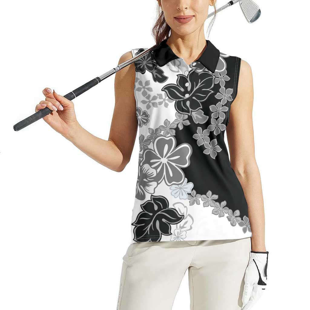 Gray Scale Hibiscus Plumeria Floral Women Sleeveless Polo Shirt LT01 - Polynesian Pride