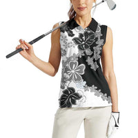 Gray Scale Hibiscus Plumeria Floral Women Sleeveless Polo Shirt LT01 - Polynesian Pride