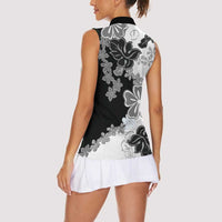 Gray Scale Hibiscus Plumeria Floral Women Sleeveless Polo Shirt LT01 - Polynesian Pride