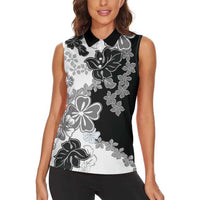 Gray Scale Hibiscus Plumeria Floral Women Sleeveless Polo Shirt LT01 - Polynesian Pride