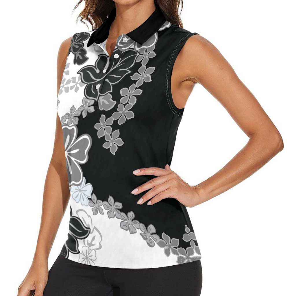 Gray Scale Hibiscus Plumeria Floral Women Sleeveless Polo Shirt LT01 - Polynesian Pride