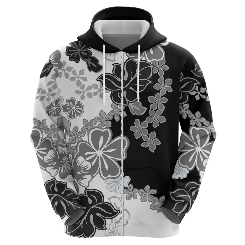 Gray Scale Hibiscus Plumeria Floral Zip Hoodie - Polynesian Pride