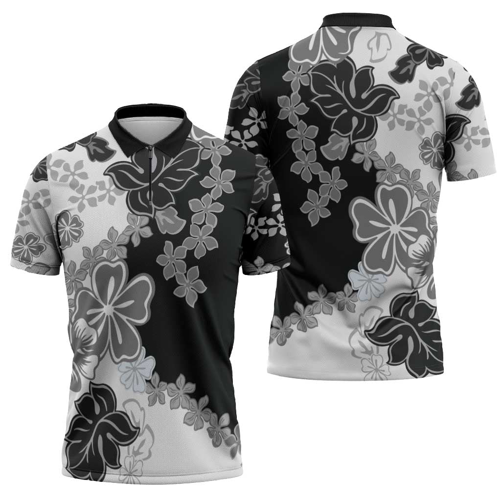 Gray Scale Hibiscus Plumeria Floral Zipper Polo Shirt - Polynesian Pride