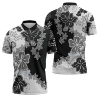 Gray Scale Hibiscus Plumeria Floral Zipper Polo Shirt - Polynesian Pride