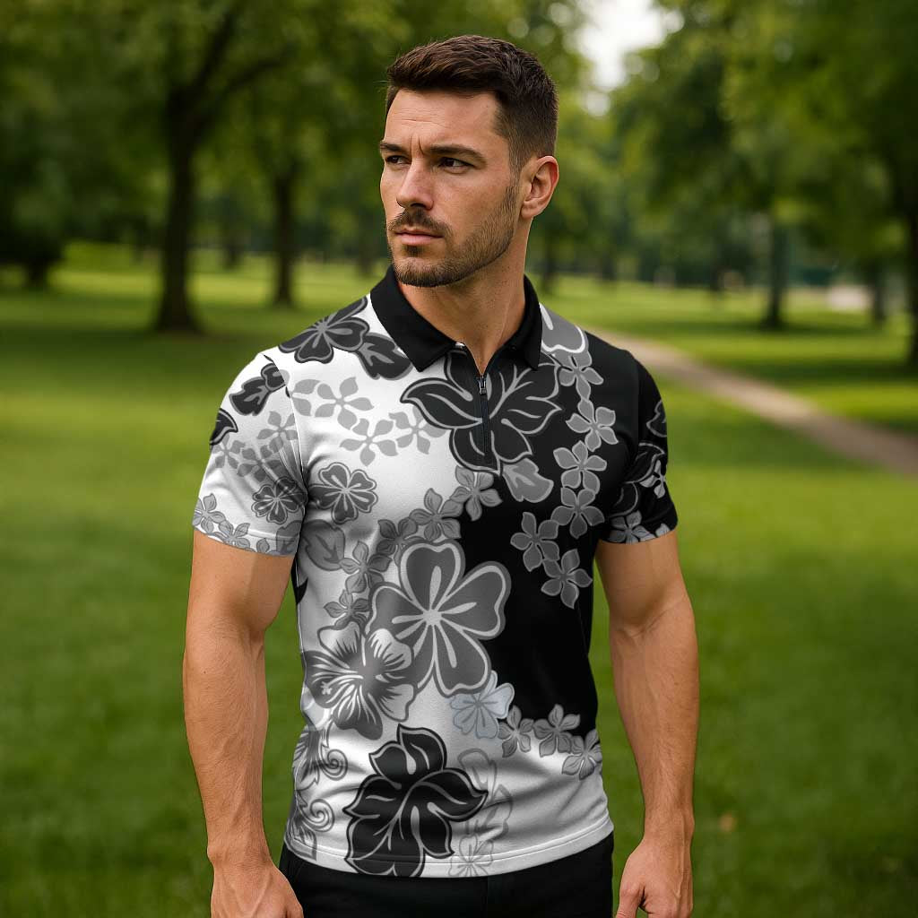 Gray Scale Hibiscus Plumeria Floral Zipper Polo Shirt - Polynesian Pride