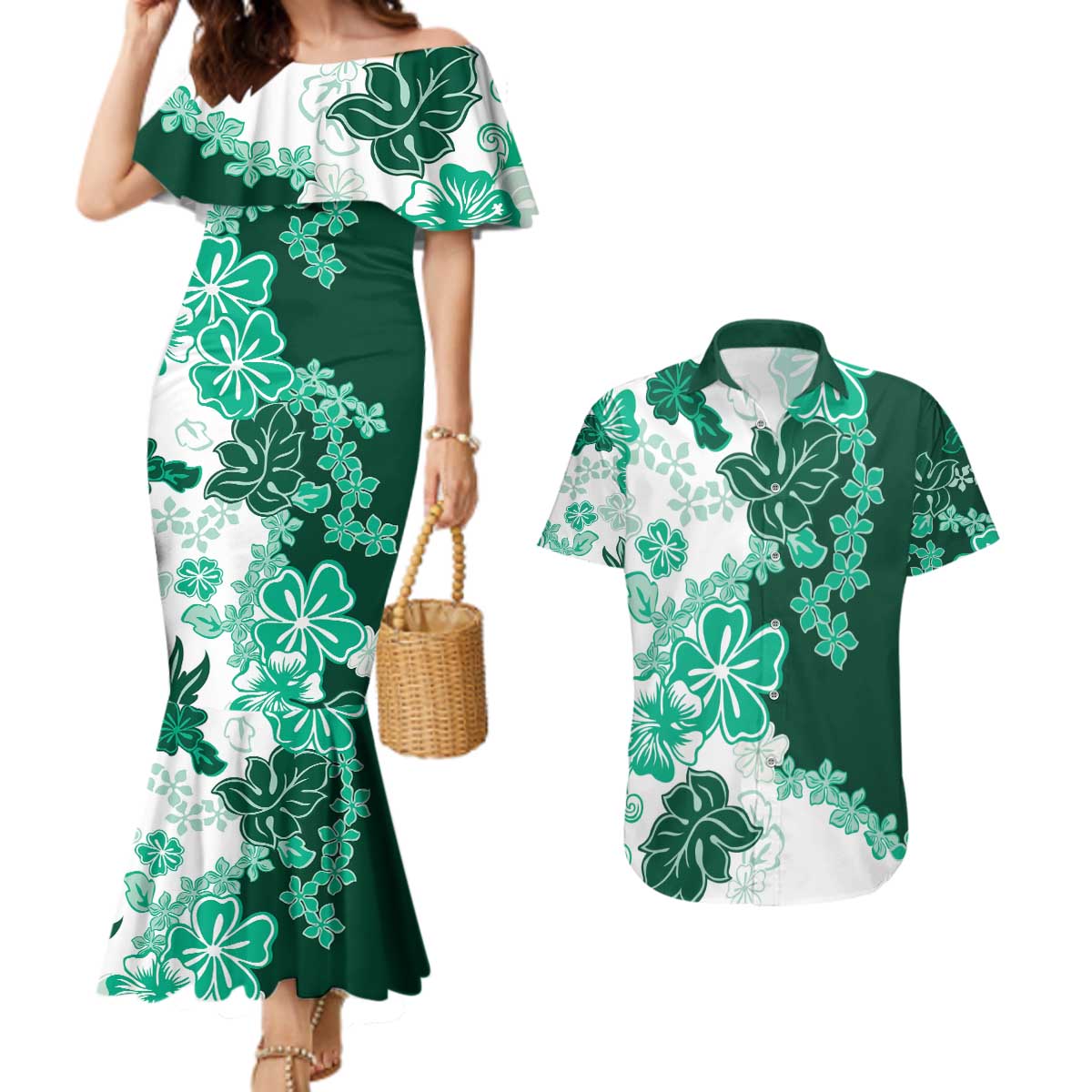 Green Hibiscus Plumeria Floral Couples Matching Mermaid Dress and Hawaiian Shirt LT01 Green - Polynesian Pride