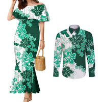 Green Hibiscus Plumeria Floral Couples Matching Mermaid Dress and Long Sleeve Button Shirt LT01 Green - Polynesian Pride