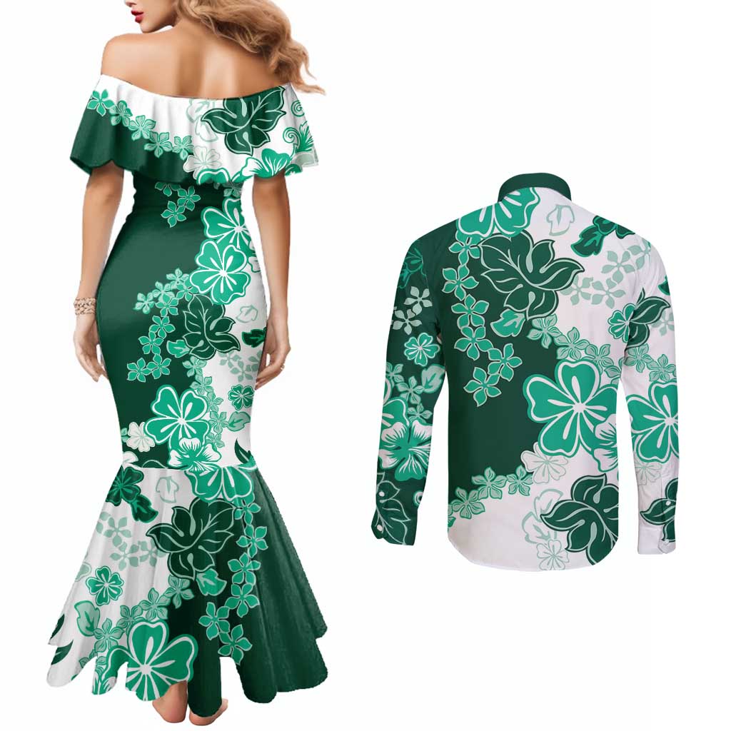 Green Hibiscus Plumeria Floral Couples Matching Mermaid Dress and Long Sleeve Button Shirt LT01 - Polynesian Pride