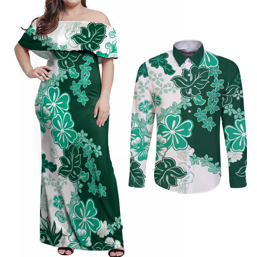 Green Hibiscus Plumeria Floral Couples Matching Off Shoulder Maxi Dress and Long Sleeve Button Shirt LT01 Green - Polynesian Pride