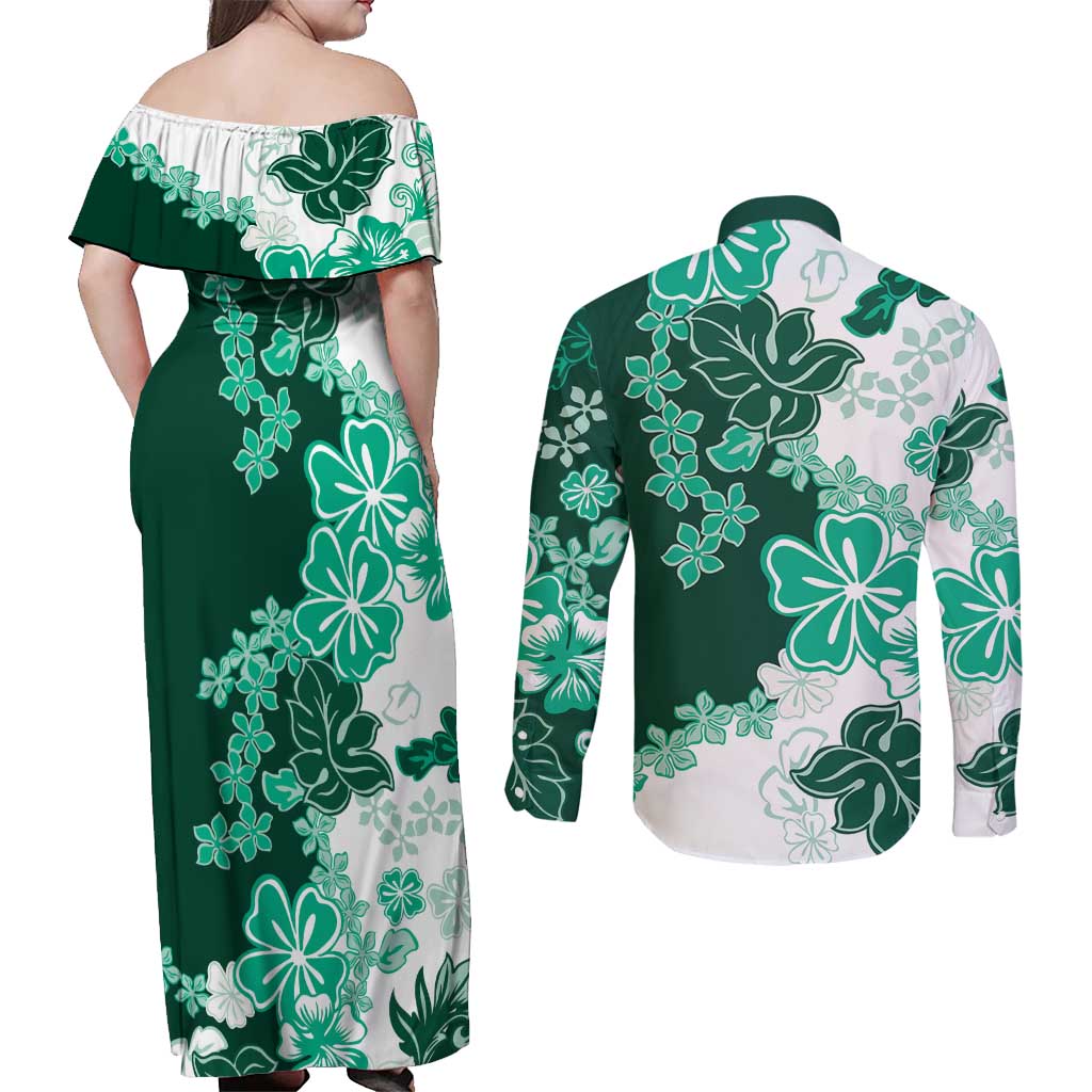 Green Hibiscus Plumeria Floral Couples Matching Off Shoulder Maxi Dress and Long Sleeve Button Shirt LT01 - Polynesian Pride