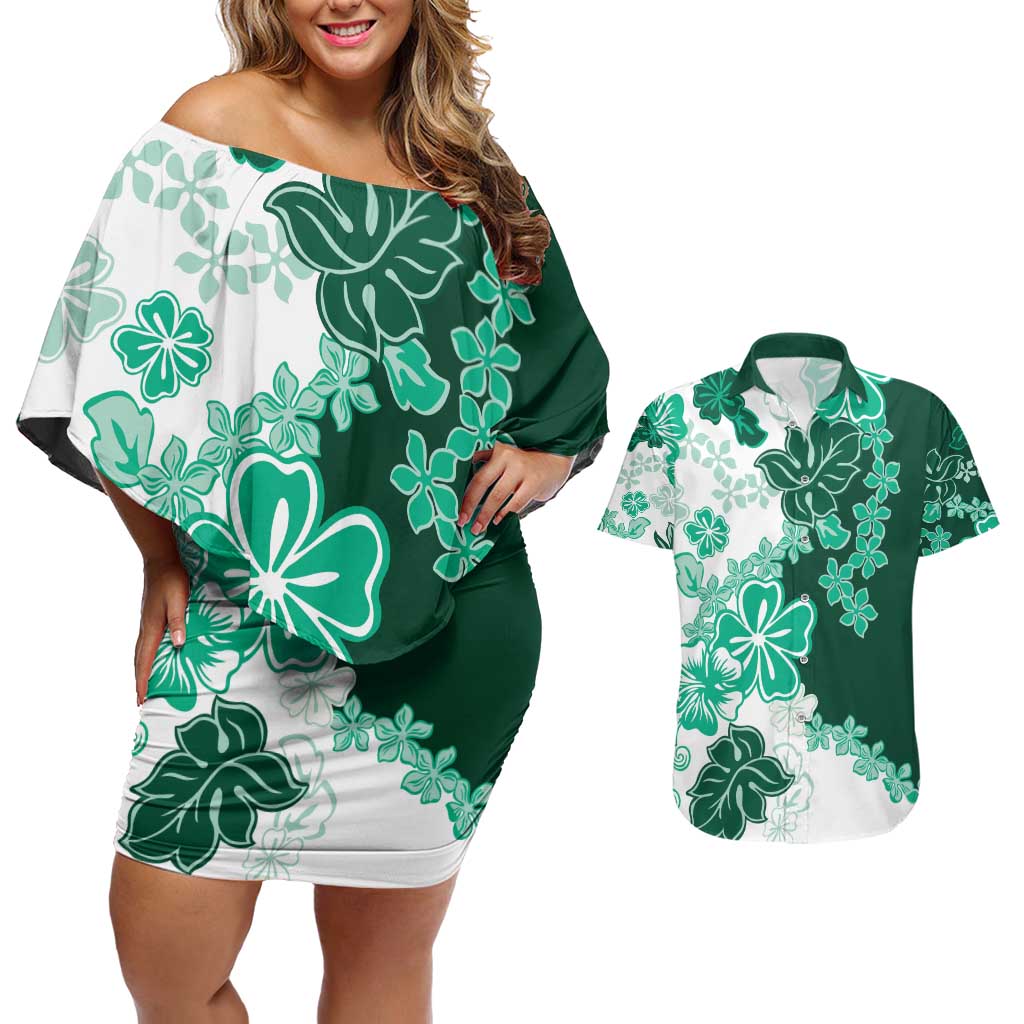Green Hibiscus Plumeria Floral Couples Matching Off Shoulder Short Dress and Hawaiian Shirt LT01 Green - Polynesian Pride