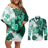 Green Hibiscus Plumeria Floral Couples Matching Off Shoulder Short Dress and Long Sleeve Button Shirt LT01 Green - Polynesian Pride