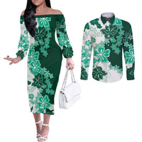 Green Hibiscus Plumeria Floral Couples Matching Off The Shoulder Long Sleeve Dress and Long Sleeve Button Shirt LT01 Green - Polynesian Pride