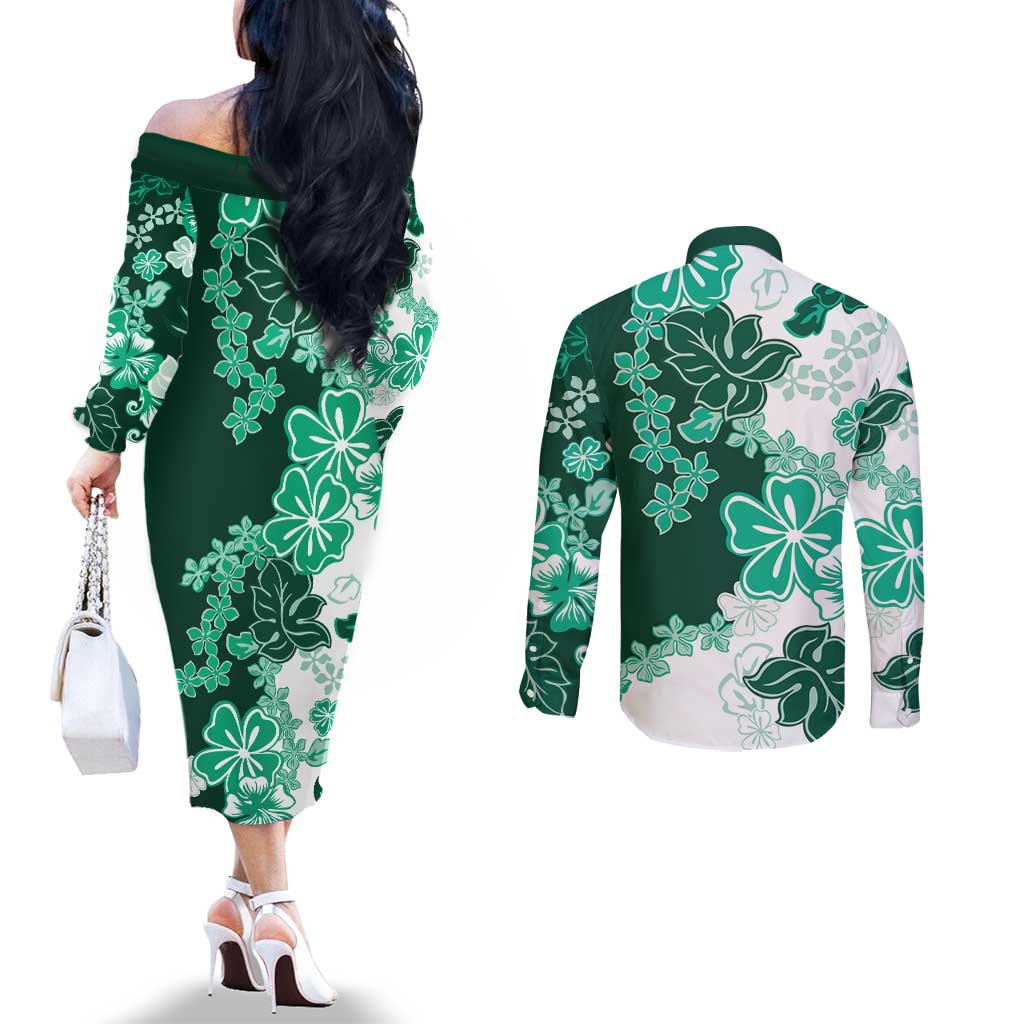Green Hibiscus Plumeria Floral Couples Matching Off The Shoulder Long Sleeve Dress and Long Sleeve Button Shirt LT01 - Polynesian Pride
