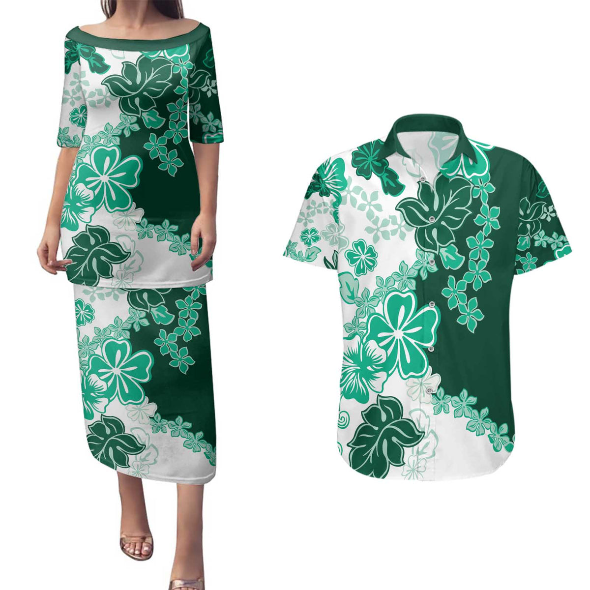 Green Hibiscus Plumeria Floral Couples Matching Puletasi and Hawaiian Shirt LT01 Green - Polynesian Pride