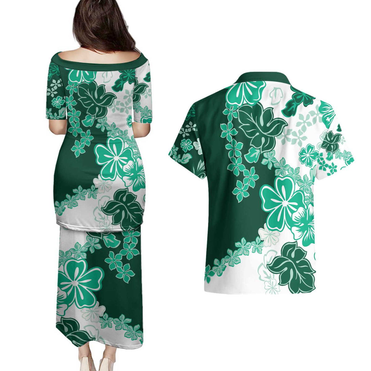 Green Hibiscus Plumeria Floral Couples Matching Puletasi and Hawaiian Shirt LT01 - Polynesian Pride