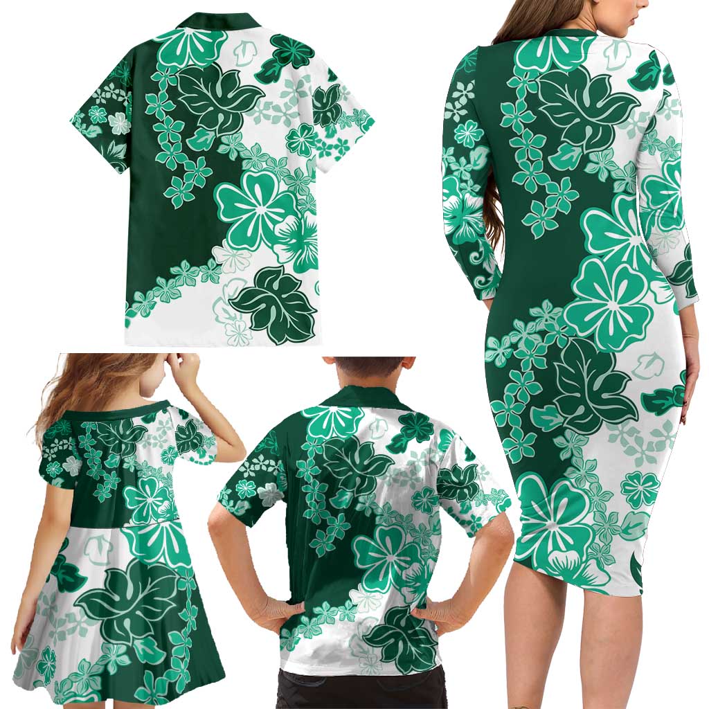 Green Hibiscus Plumeria Floral Family Matching Long Sleeve Bodycon Dress and Hawaiian Shirt LT01 - Polynesian Pride