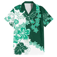 Green Hibiscus Plumeria Floral Family Matching Long Sleeve Bodycon Dress and Hawaiian Shirt LT01 Dad's Shirt - Short Sleeve Green - Polynesian Pride