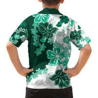 Green Hibiscus Plumeria Floral Family Matching Off The Shoulder Long Sleeve Dress and Hawaiian Shirt - Polynesian Pride