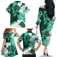 Green Hibiscus Plumeria Floral Family Matching Off The Shoulder Long Sleeve Dress and Hawaiian Shirt - Polynesian Pride