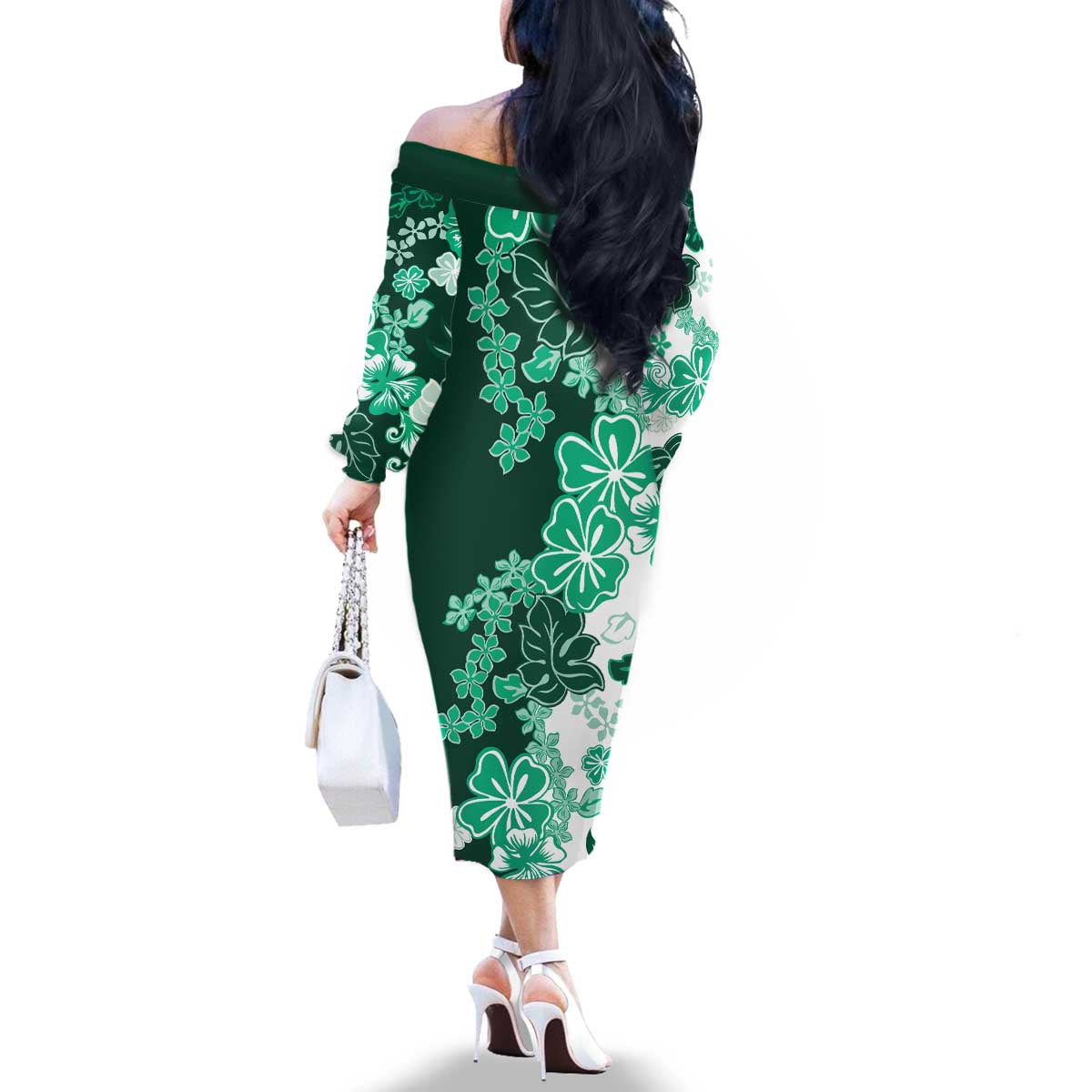 Green Hibiscus Plumeria Floral Family Matching Off The Shoulder Long Sleeve Dress and Hawaiian Shirt - Polynesian Pride