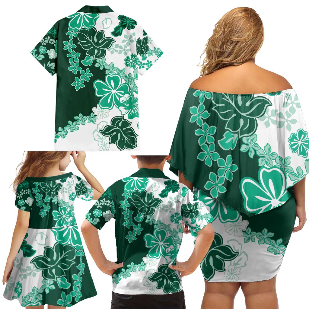 Green Hibiscus Plumeria Floral Family Matching Off Shoulder Short Dress and Hawaiian Shirt - Polynesian Pride