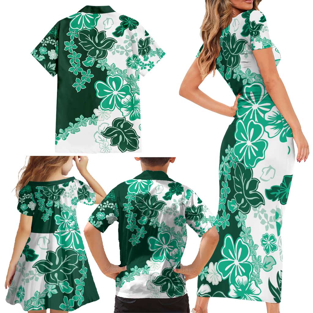 Green Hibiscus Plumeria Floral Family Matching Short Sleeve Bodycon Dress and Hawaiian Shirt LT01 - Polynesian Pride