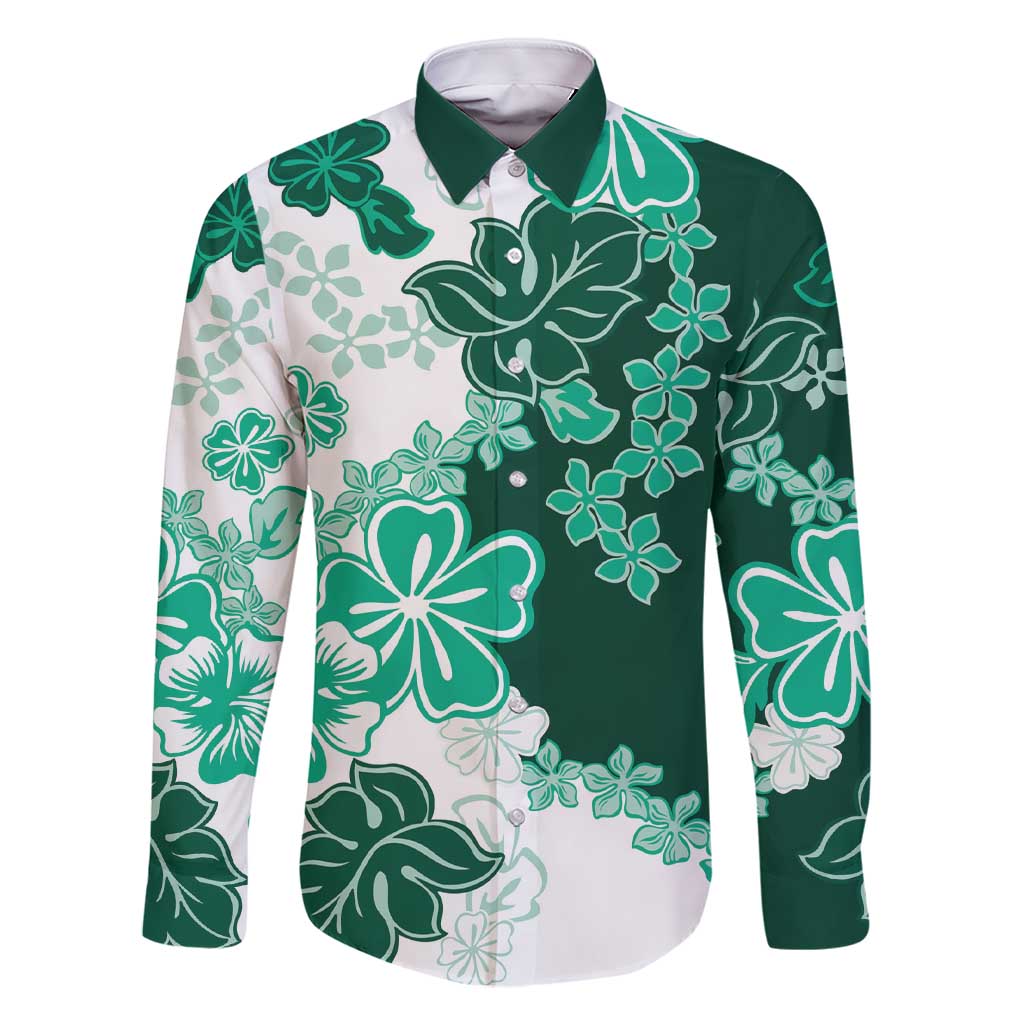 Green Hibiscus Plumeria Floral Family Matching Short Sleeve Bodycon Dress and Hawaiian Shirt LT01 Dad's Shirt - Long Sleeve Green - Polynesian Pride