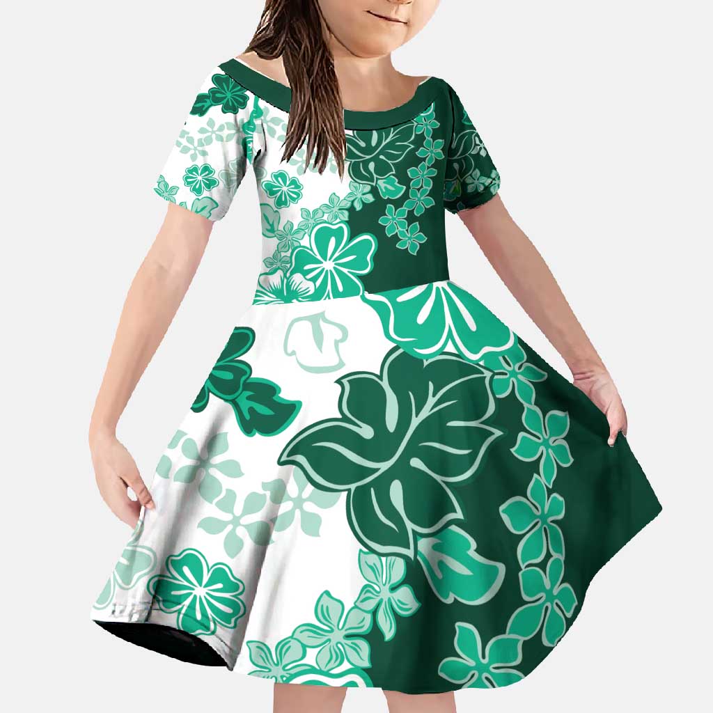 Green Hibiscus Plumeria Floral Family Matching Summer Maxi Dress and Hawaiian Shirt LT01 Daughter's Dress Green - Polynesian Pride