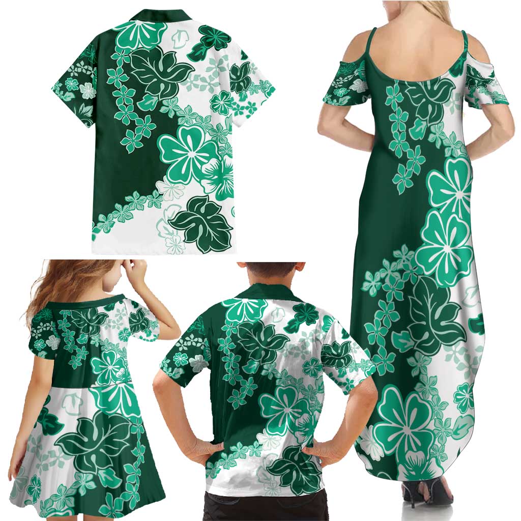 Green Hibiscus Plumeria Floral Family Matching Summer Maxi Dress and Hawaiian Shirt LT01 - Polynesian Pride