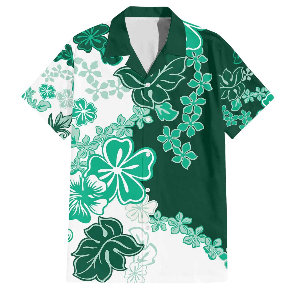 Green Hibiscus Plumeria Floral Family Matching Summer Maxi Dress and Hawaiian Shirt LT01 Dad's Shirt - Short Sleeve Green - Polynesian Pride