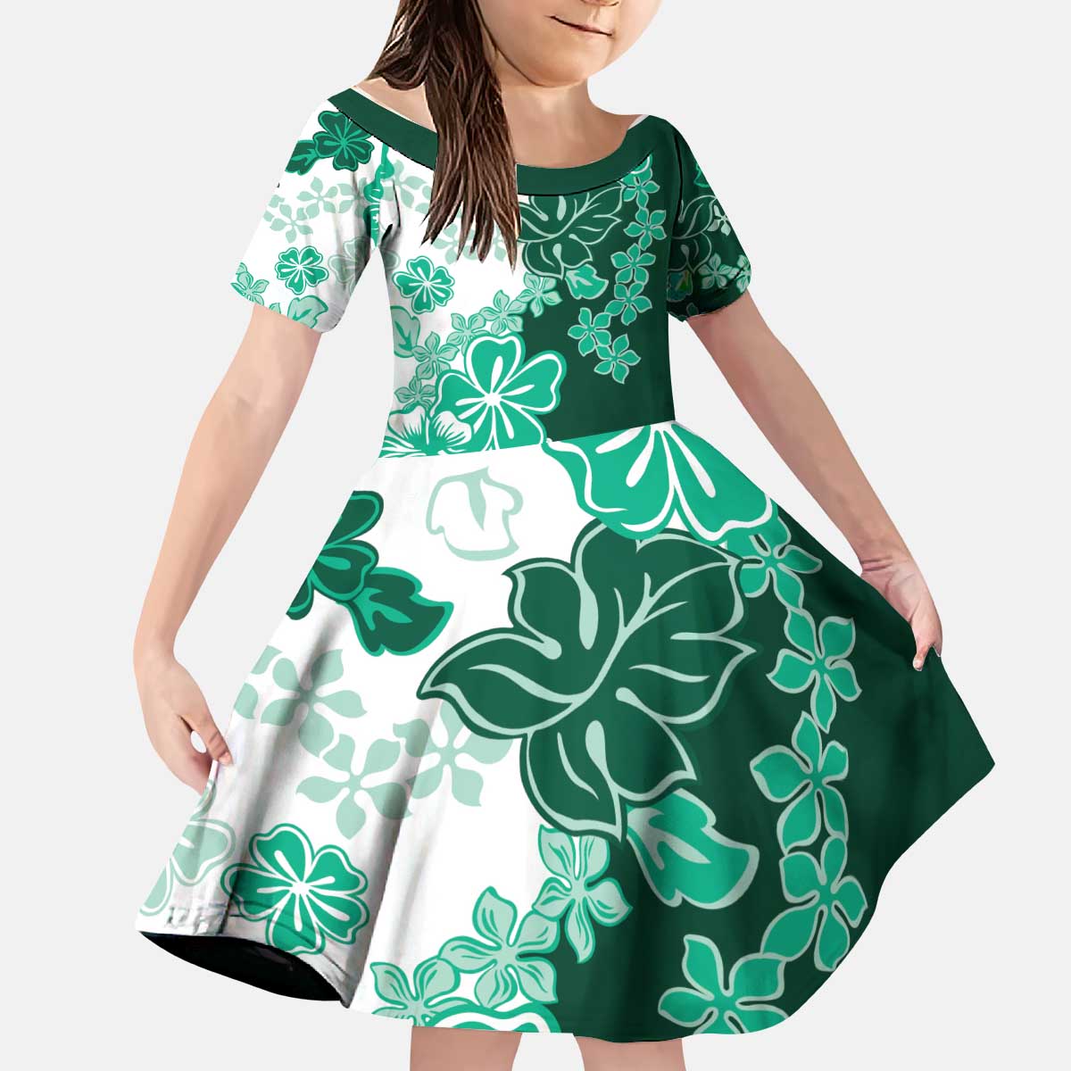 Green Hibiscus Plumeria Floral Kid Short Sleeve Dress - Polynesian Pride