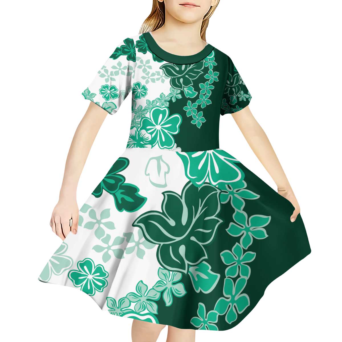 Green Hibiscus Plumeria Floral Kid Short Sleeve Dress - Polynesian Pride