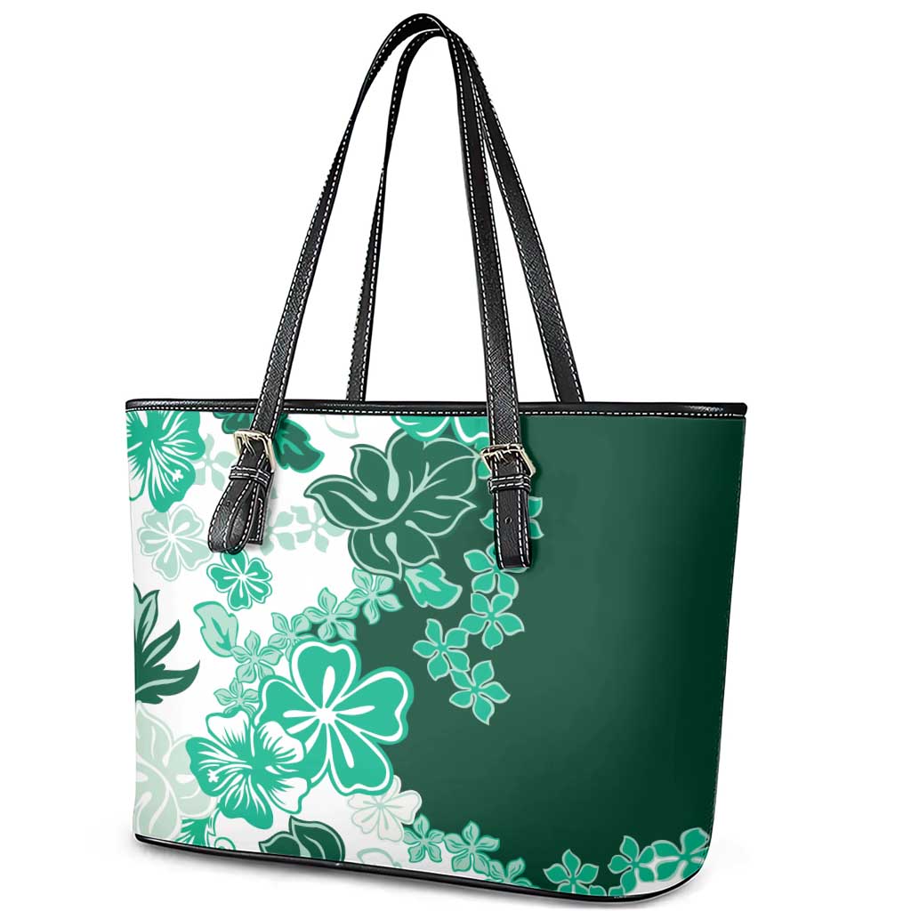 Green Hibiscus Plumeria Floral Leather Tote Bag - Polynesian Pride