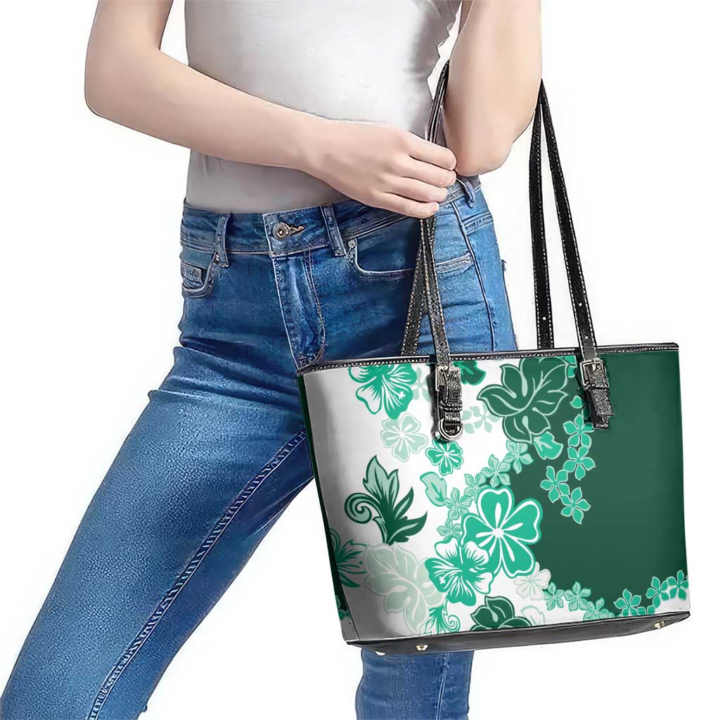 Green Hibiscus Plumeria Floral Leather Tote Bag - Polynesian Pride