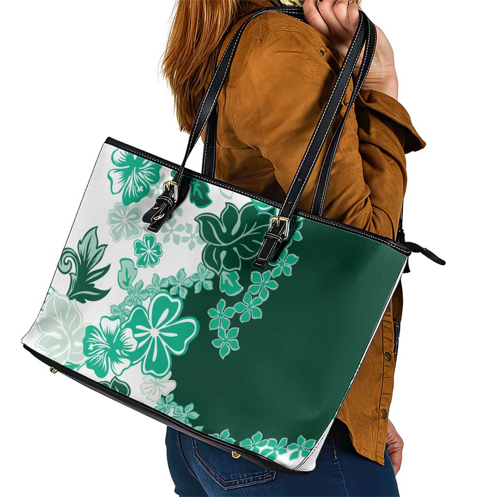 Green Hibiscus Plumeria Floral Leather Tote Bag - Polynesian Pride