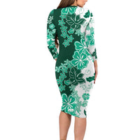 Green Hibiscus Plumeria Floral Long Sleeve Bodycon Dress - Polynesian Pride