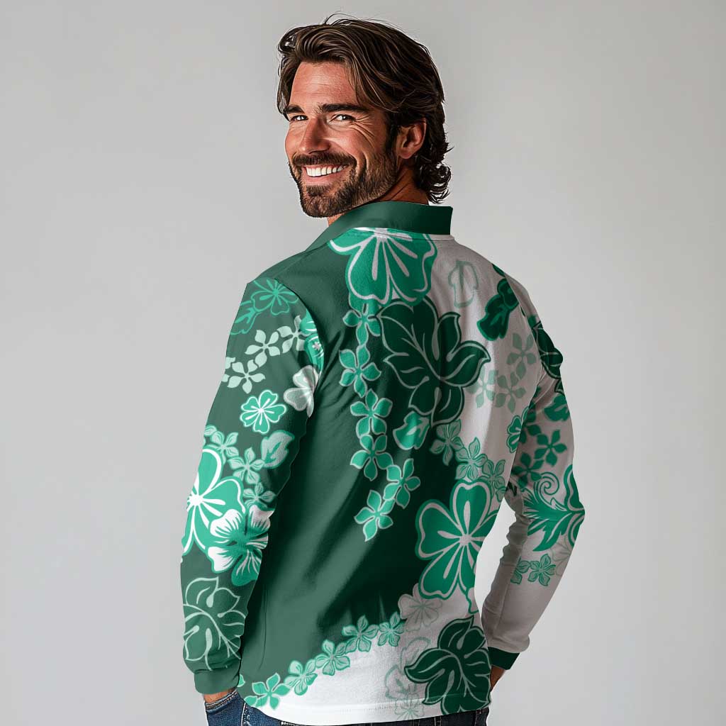 Green Hibiscus Plumeria Floral Long Sleeve Polo Shirt - Polynesian Pride