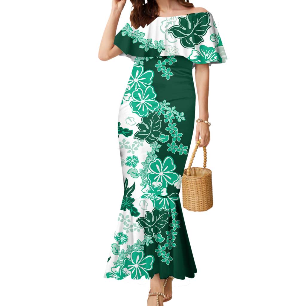 Green Hibiscus Plumeria Floral Mermaid Dress - Polynesian Pride