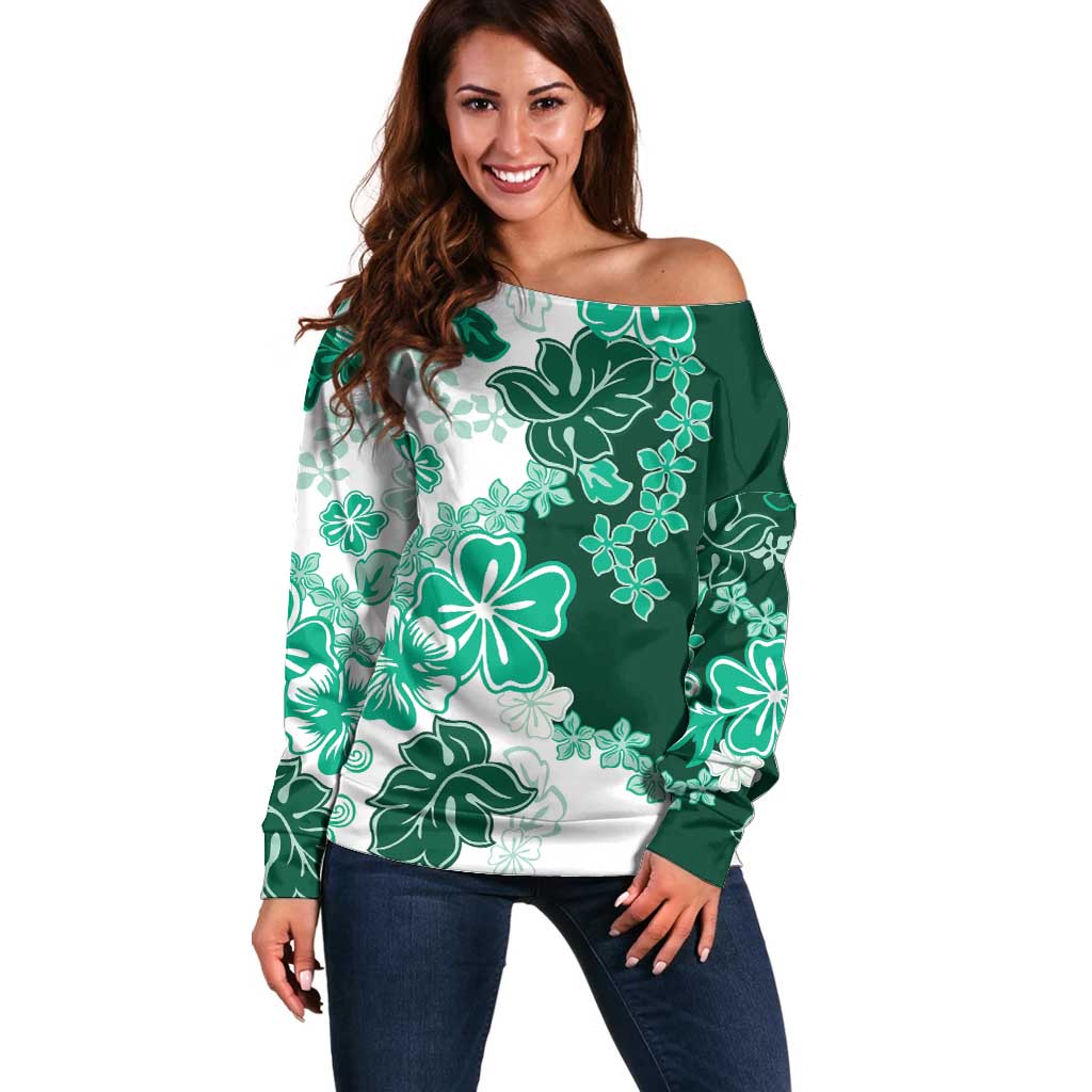 Green Hibiscus Plumeria Floral Off Shoulder Sweater - Polynesian Pride