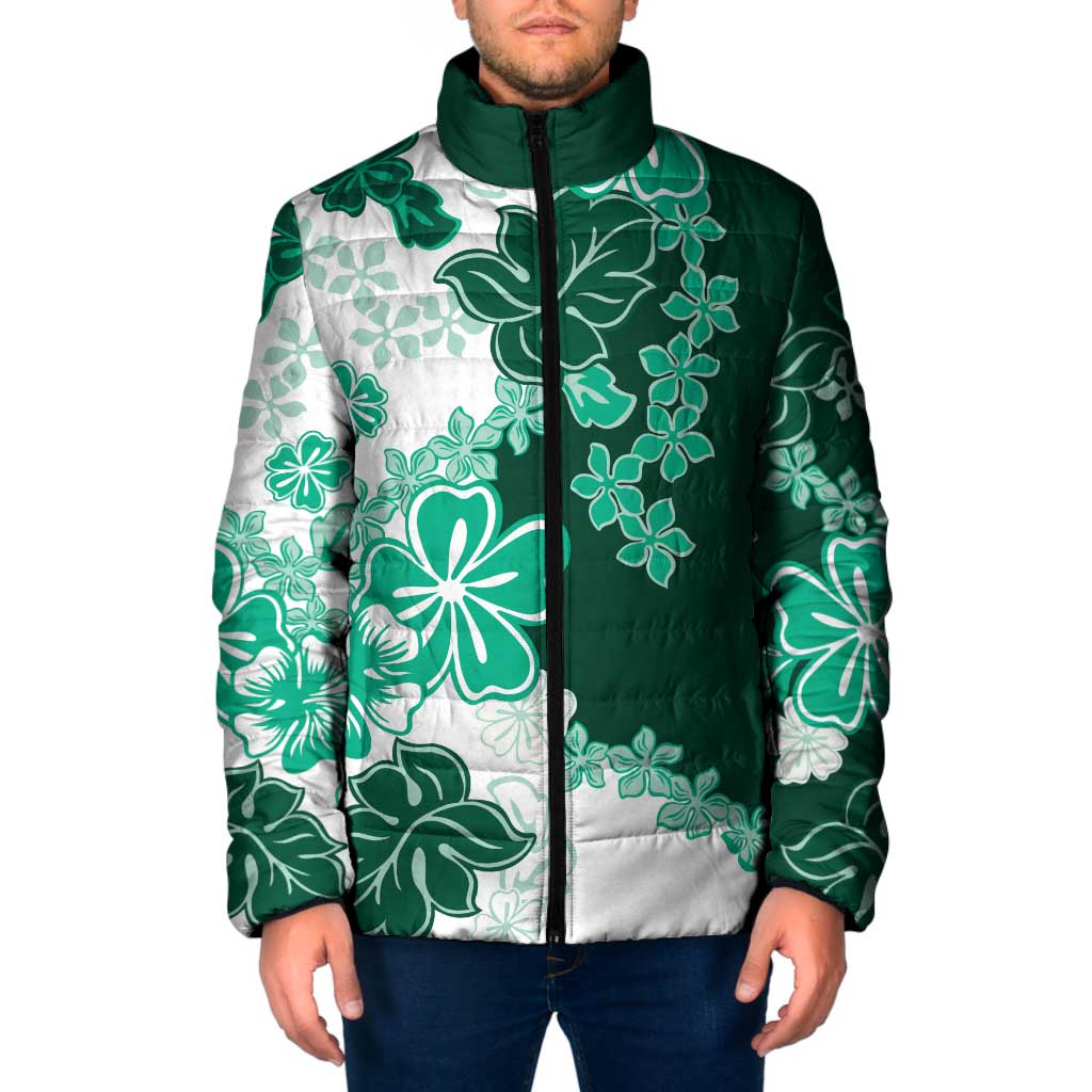 Green Hibiscus Plumeria Floral Padded Jacket LT01 Green - Polynesian Pride