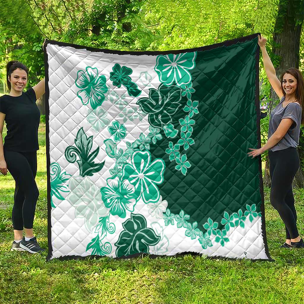 Green Hibiscus Plumeria Floral Quilt - Polynesian Pride