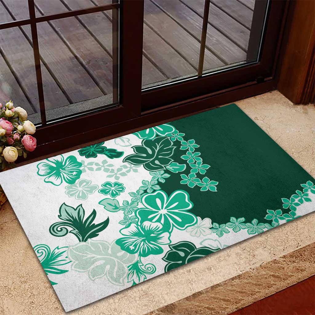 Green Hibiscus Plumeria Floral Rubber Doormat - Polynesian Pride