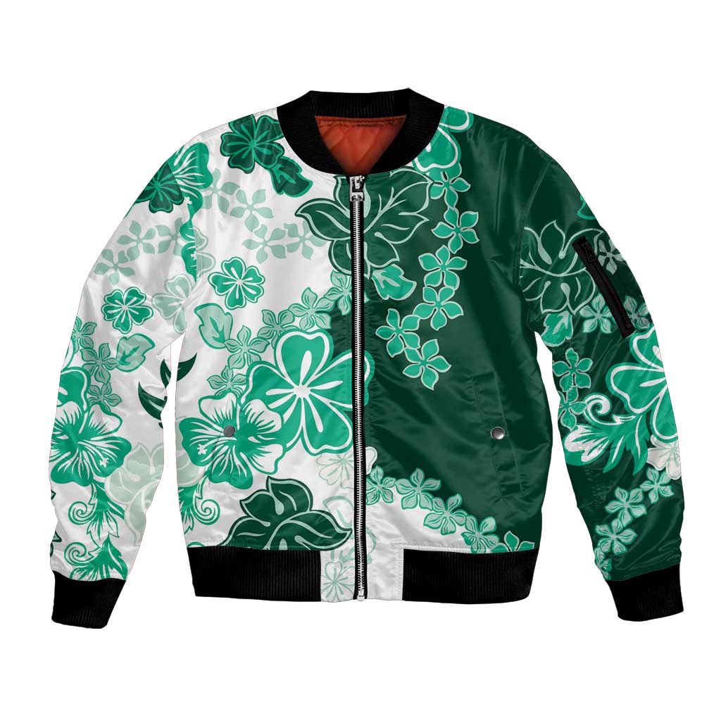Green Hibiscus Plumeria Floral Sleeve Zip Bomber Jacket LT01 Unisex Green - Polynesian Pride