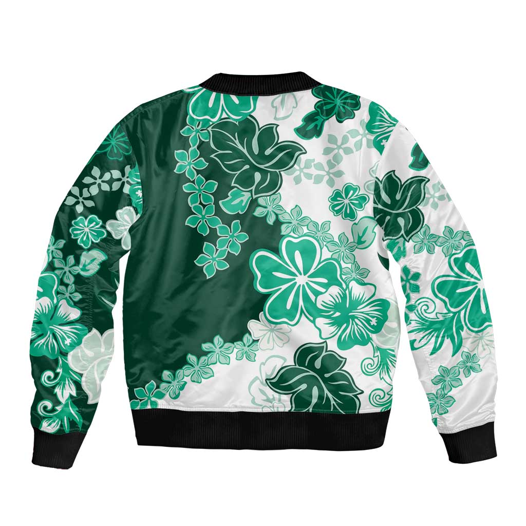 Green Hibiscus Plumeria Floral Sleeve Zip Bomber Jacket LT01 - Polynesian Pride
