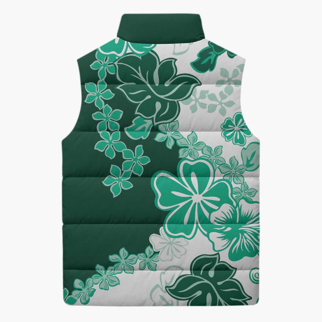 Green Hibiscus Plumeria Floral Sleeveless Puffer Jacket - Polynesian Pride