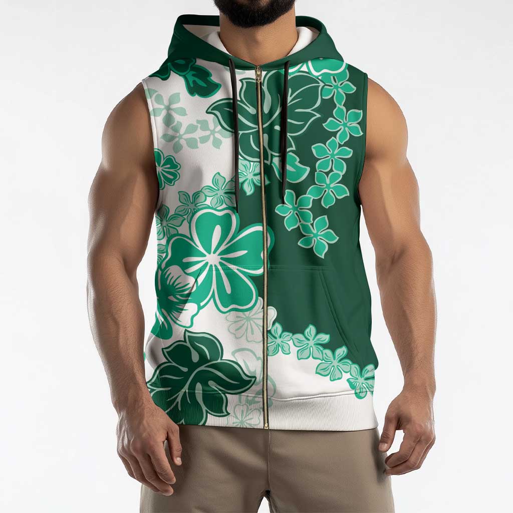 Green Hibiscus Plumeria Floral Sleeveless Zip Hoodie - Polynesian Pride