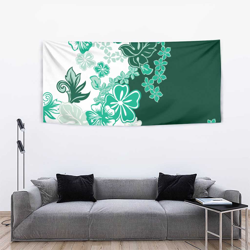 Green Hibiscus Plumeria Floral Tapestry - Polynesian Pride